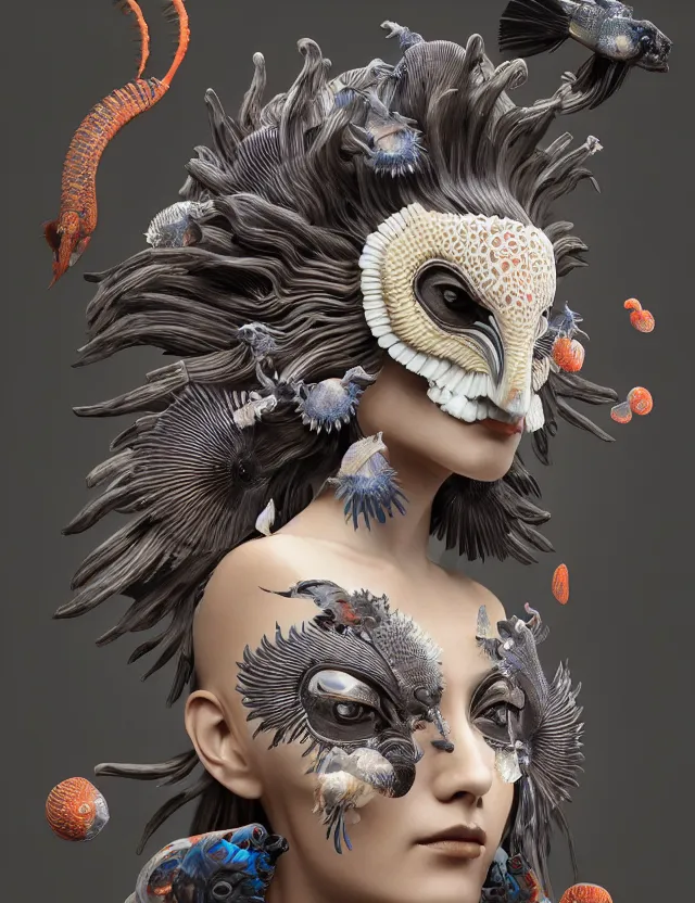 Image similar to 3 d goddess close - up frontal portrait with ram skull. beautiful intricately detailed japanese crow kitsune mask and clasical japanese kimono. betta fish, jellyfish phoenix, bio luminescent, plasma, ice, water, wind, creature, artwork by tooth wu and wlop and beeple and greg rutkowski