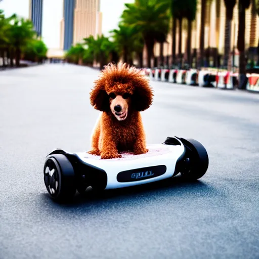 Prompt: fluffy poodle traveling on a hoverboard in las vegas, [ 4 k photorealism ]!!, trending on unsplash