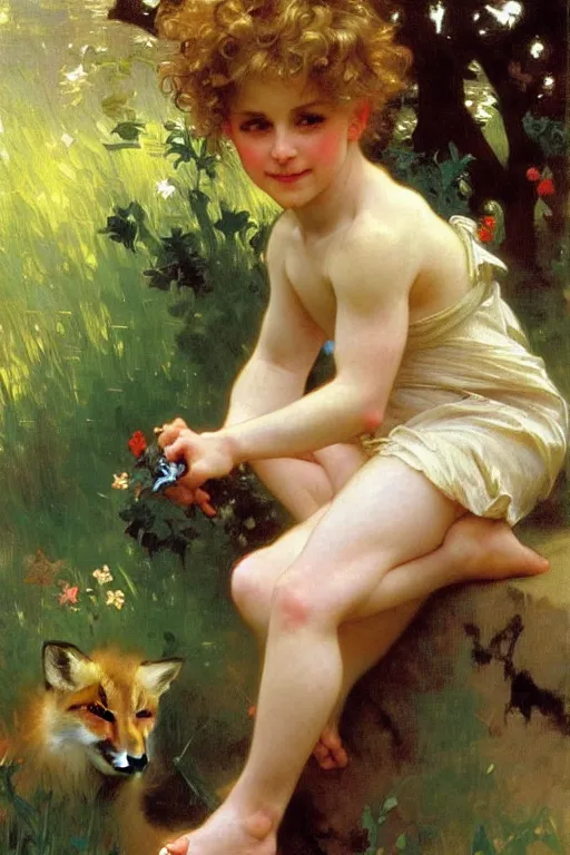 Image similar to a seven - year old with curly dirty blonde hair playing with foxes, painting by daniel gerhartz, alphonse mucha, bouguereau, detailed art, artstation