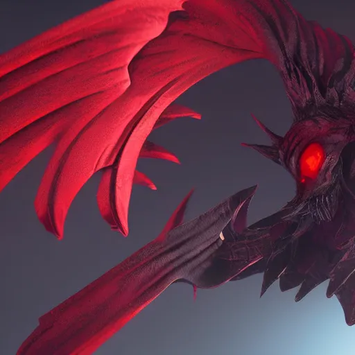 Image similar to abstract shadow demon with wings red hunter eyes, highly realistic photo realistic octane render blender highly detailed 8 k