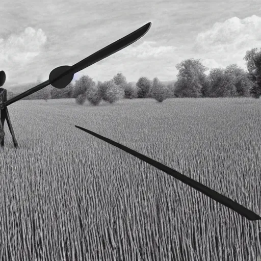 Image similar to death with a scythe takes its harvest in the field, ultrarealistic, photorealism, high quality, ultra detailed, 16k,