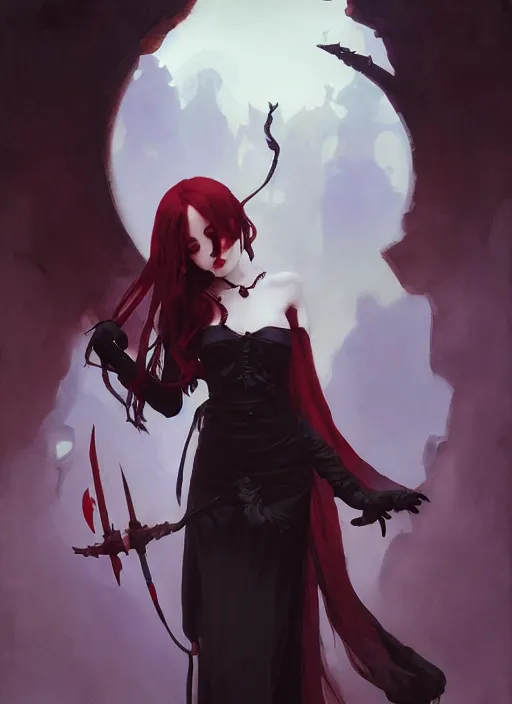 Image similar to portrait of a cute goth girl making a blood sacrifice, painting by sargent and leyendecker, studio ghibli, fantasy, medium shot, asymmetrical, intricate, elegant, matte painting, hearthstone, crimson gradient, by greg rutkowski and greg tocchini and james gilleard and joe fenton and greg manchess