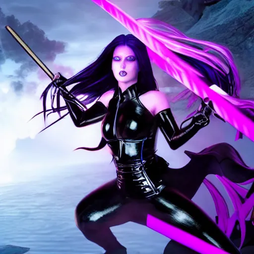 Prompt: ultra realistic, hyper realistic gorgeous goth psylocke fighting army of demons with a samurai sword, physical based render, cinematography, octane, photorealistic, gorgeous, symmetrical, unreal engine