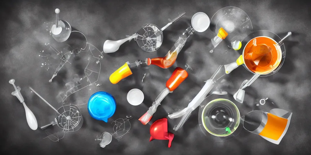 Image similar to instruments being used to mix chemicals, scientist, blender, 3d, apartment