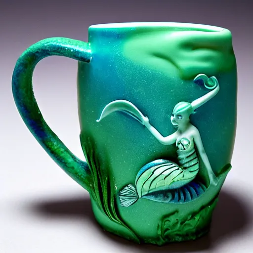 Image similar to a ceramic mug sculpted to be a mermaid