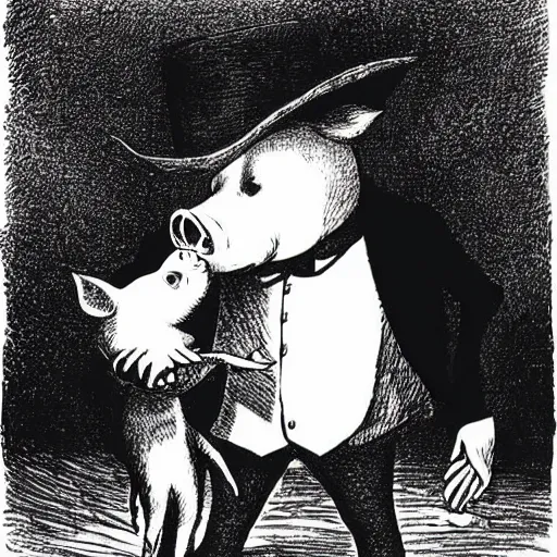 Image similar to a gentleman pig in a tuxedo, creepy, chiaroscuro, dark night, illustration by Edward Gorey