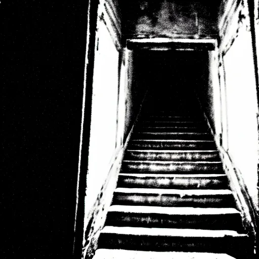 Image similar to grainy photograph of a dark and dilapidated staircase with 2 1 savage sitting on the bottom step, positioned at the bottom step looking up the staircase, a ghost inn the darkness at the top of the stairs