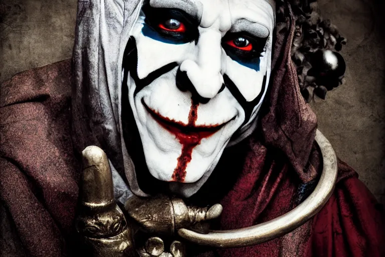 Image similar to medieval jester, sinister, photograph, portrait,