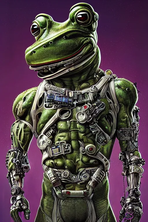 Image similar to a portrait of a muscular anthropomorphic cyberpunk frog in spacesuit armor with ensignia on chest plate by sandra chevrier, by jon foster, detailed render, post - processing, extremely hyperdetailed, intricate, epic composition, cybernetics, 4 k realistic, cryengine, realistic shaded lighting, sharp focus, masterpiece, by enki bilal