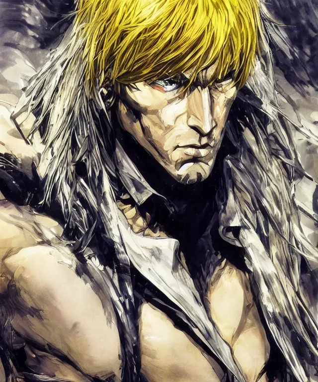 Image similar to man with sharp features, yellow eyes, and long silver hair that spikes upward in two large prongs, lean muscular build, collaborative artwork by greg ruthowski, yoshikata amano, yoji shinkawa!!, artstation, highly detailed, clear face