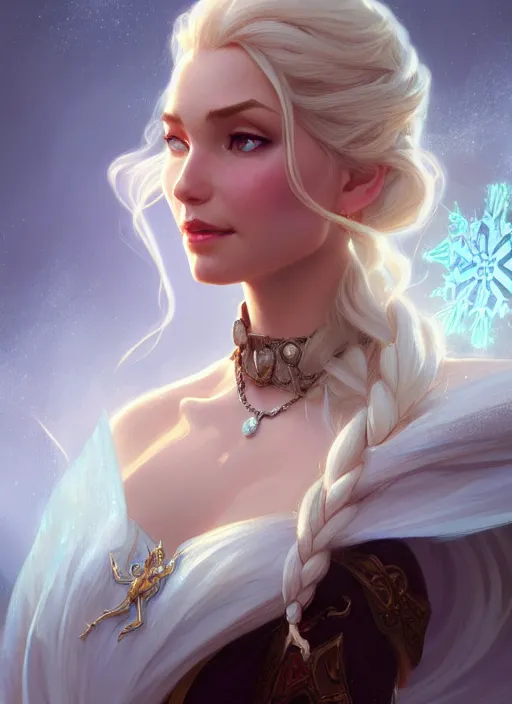 Image similar to elsa, d & d, fantasy, intricate, elegant, highly detailed, digital painting, artstation, concept art, matte, sharp focus, illustration, hearthstone, art by artgerm and greg rutkowski and alphonse mucha