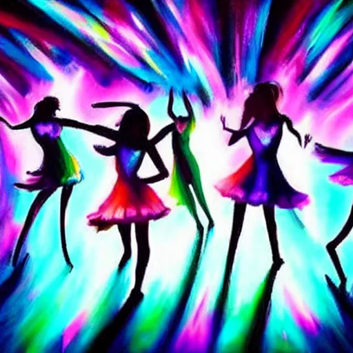 Image similar to dark dancing silhuettes in a dance club, colorful lights, dramatic lighting, a lot of energy, oil painting, hyperrealistic, very detailed, high quality