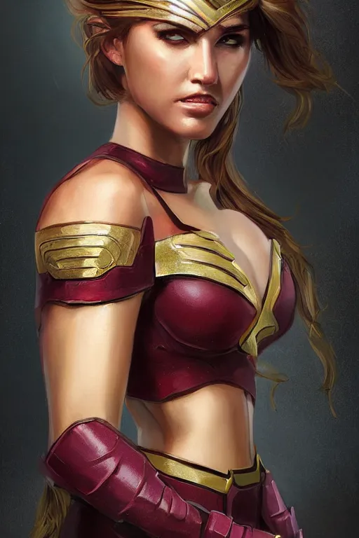 Image similar to three quarters portrait of a beautiful woman,super hero costume,heroic pose,highly detailed, digital painting,illustration, art by Stanley Lau