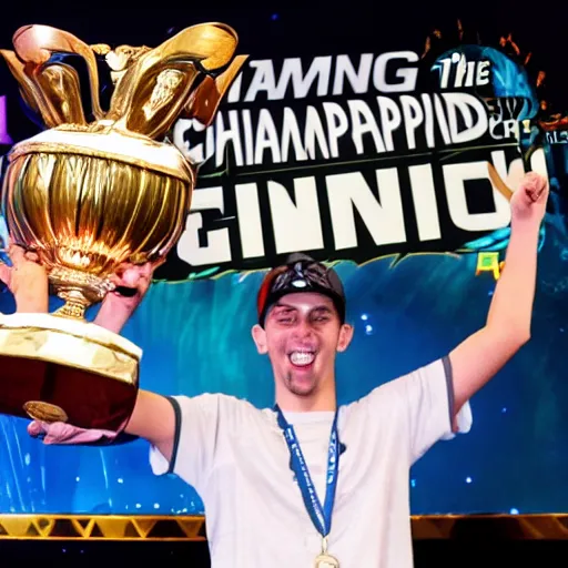 Prompt: winning the video game tournament grand championship