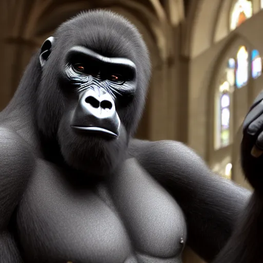 Image similar to big gorilla man terroizing church, 8k cinematic lighting, very sharp detail, anatomically correct