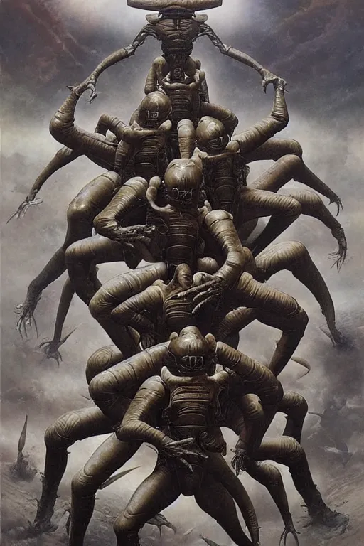 Image similar to starship troopers in the style of wayne barlowe, gustav moreau, goward, bussiere, roberto ferri, santiago caruso, luis ricardo falero, frazetta