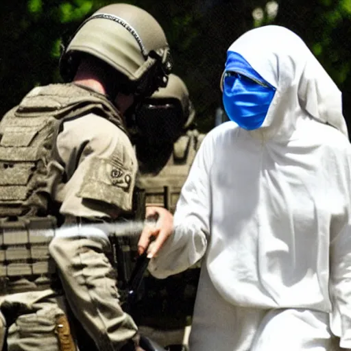 Image similar to digital art undercover photo of fbi swat team in uniform arresting mother teresa and cuffing her violently