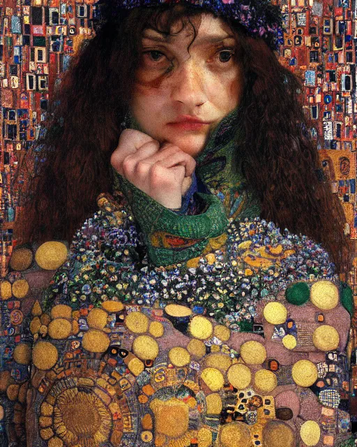 Image similar to a close up of beautiful wearing a balaclava surrounded by colourful intricate patterns, by gustave klimt edgar maxence and caravaggio and michael whelan, intricate painting, hyper realistic, extremely detailed and beautiful aesthetic face, 8 k resolution