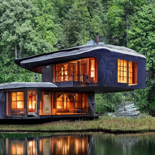 Image similar to a house made of a long hair. The house is made of 3 mammalian abdomens. The fur house sits in a lake on the edge of a forest. A family is living inside the fur house and it is furnished with contemporary furniture and art. ultra wide shot, Coronarender, 8k, photorealistic