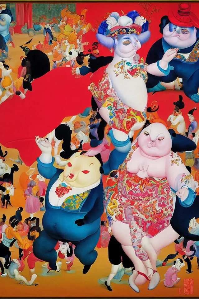 Image similar to painting animal puppet groove is in the heart, we're going to dance and have some fun, painted by james jean and fernando botero in chinese style