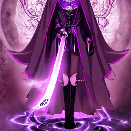 Image similar to an attractive anime female necromancer mage symmetrical, donned in black cloak with purple staff full view of character in frame