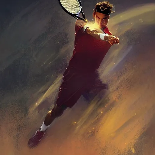 Image similar to roger federer as a hero, picture by greg rutkowski, dynamic pose, intricate, futuristic, fantasy, elegant, by stanley artgerm lau, greg rutkowski, thomas kindkade, alphonse mucha, loish, norman rockwell,