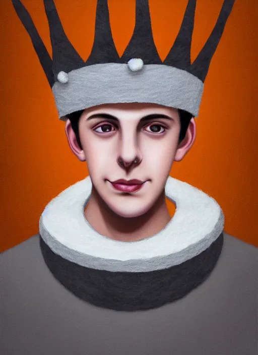 Image similar to portrait of teenage jughead jones wearing a light grey crown, photorealistic, crown made of felt fabric, crown, crown made of felt, black hair, intricate, elegant, highly detailed, digital painting, glowing lights, artstation, concept art, smooth, sharp focus, illustration, art by wlop, mars ravelo and greg rutkowski