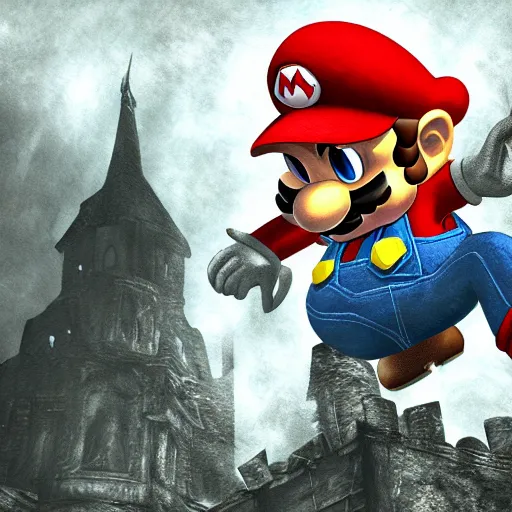 Image similar to concept art of mario in a ruined kingdom, resident evil, horror, occult, terror, mist, volumetric render, digital painting, detailed painting