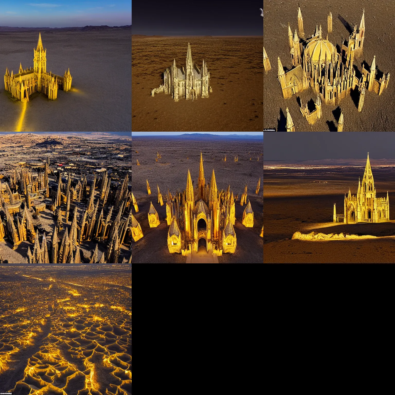 Prompt: gothic chathedral made of gold in a desert plateau,view from above,8k,full moon,night time