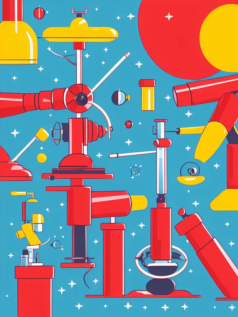 Image similar to editorial illustration scientific lab test tube telescope microscope spaceship, colorful modern, mads berg