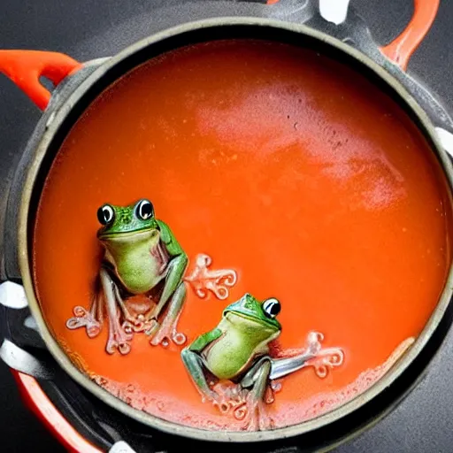 Image similar to a frog emerging from a pot of tomato soup, frog soup, recipe photo