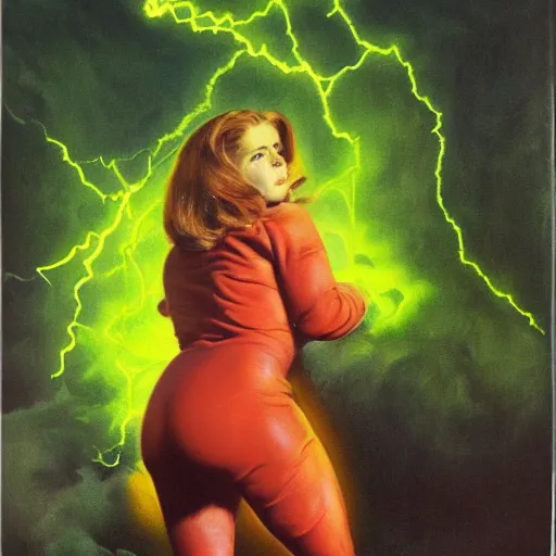 Prompt: ultra realistic portrait painting of amy adams in a hazmat suit surrounded by glowing green radiation, art by frank frazetta, vintage levi ’ s ad, stormy weather, dark vibes, 4 k, ultra realistic, highly detailed, epic lighting