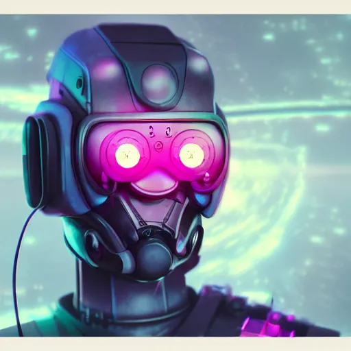 Prompt: cyberpunk concept cool cyborg bot, cinema 4 d, galaxy, cosmos, ufo, space sci - fi, wearing vr goggles, illustration, portrait, pastel neon textured background night, trending on artstation, greg rutkowski, octane rendered, 1 2 k, detailed,