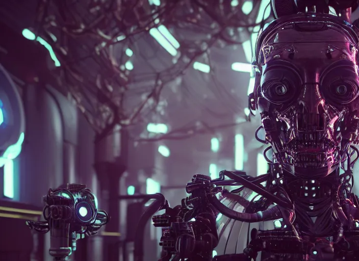 Prompt: 35mm portrait of a sophisticated intricate terminator woman's head on the background of a weird magical mechanical forest. Round gears visible in her head. Very detailed 8k. Fantasy cyberpunk horror. Sharp. Unreal 5 render with nanite, global illumination and path tracing. Cinematic post-processing