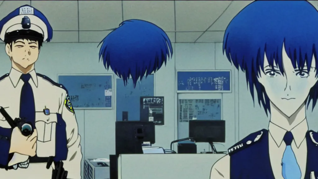 Image similar to a cop wearing a blue skunk mask standing in a police station, anime film still from the an anime directed by Katsuhiro Otomo with art direction by Salvador Dalí, wide lens