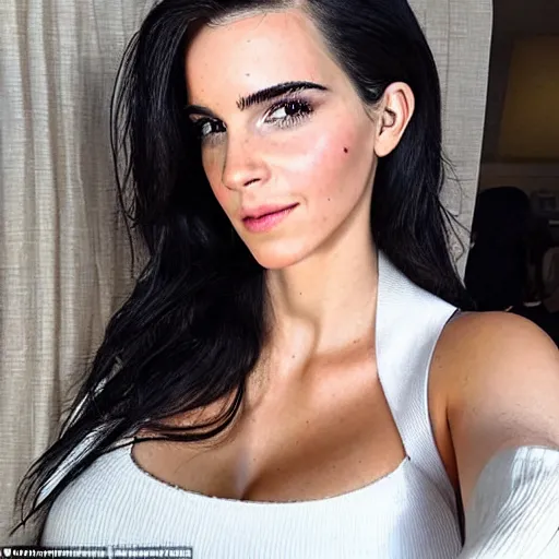 Image similar to a woman who is a genetic combination of kim kardashian and emma watson face and upper - body focus