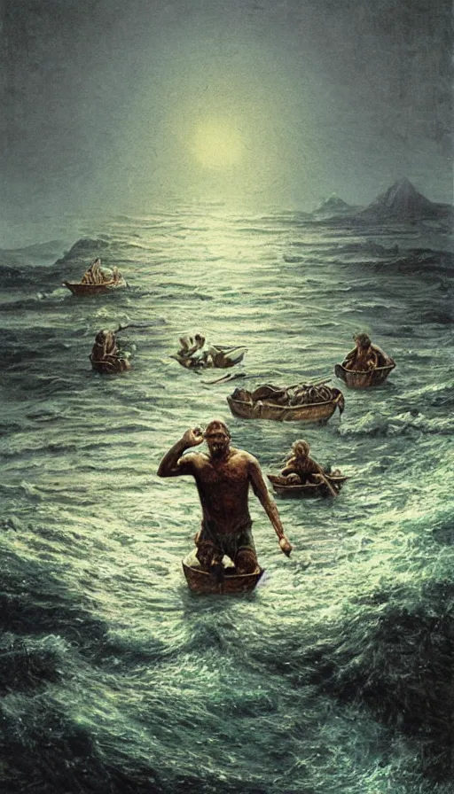 Prompt: man on boat crossing a body of water in hell with creatures in the water, sea of souls, by james gurney