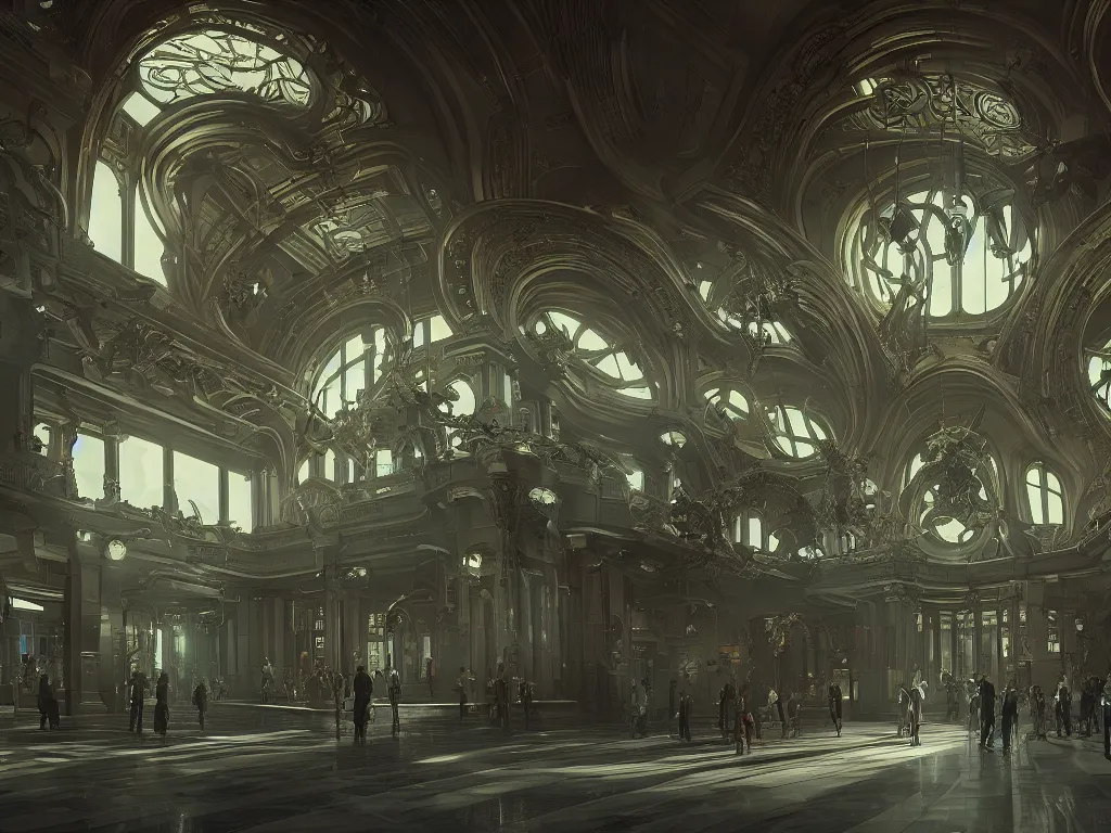 Prompt: cinematic movie scene, 120mm wide shot, precise architectural rendering, interior of a sci-fi space station with ornate art nouveau architecture, bustling with people and robots, planets and moons visible through windows, gothic architecture, emerald, crystalline, detailed illustration, sharp focus, concept art, unreal engine, octane render, god rays