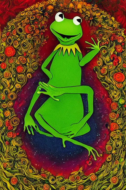 Prompt: surreal Kermit the Frog, magic realism, flowerpunk, mysterious, vivid colors, contrast, clarity, by andy kehoe