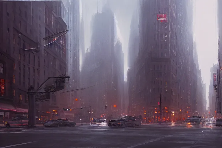 Prompt: beautiful matte painting of streets of neo new york in evening by greg rutkowski, 4 k, extreme details, photorealism