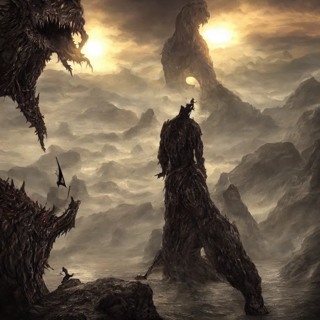 Image similar to a man holding a sword looking out over a cliff while a large lovecraftian monster looms over him darkening the setting sun behind him , hyper realistic ,gloomy, horror, scary, nightmare