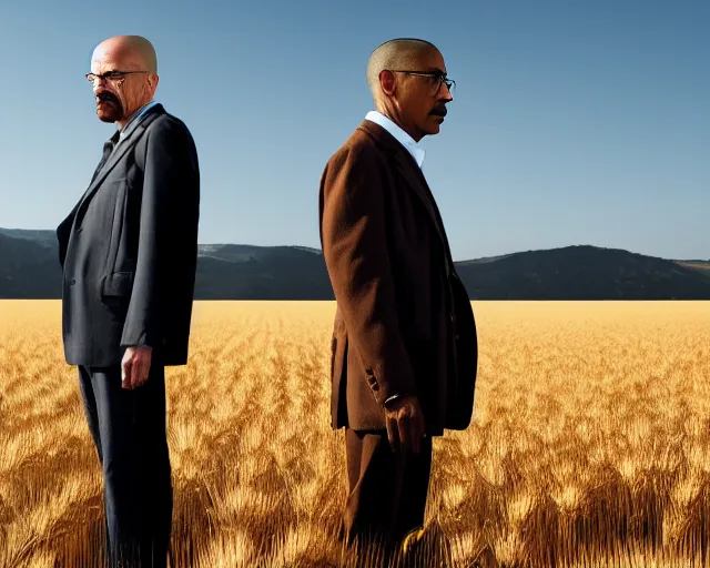 Image similar to extreme long shot of walter white and gustavo fring standing in front of each other from a distance in a wheat field, low angle, side view, 8 5 mm photograph, 8 k resolution, wide shot, sharp lens