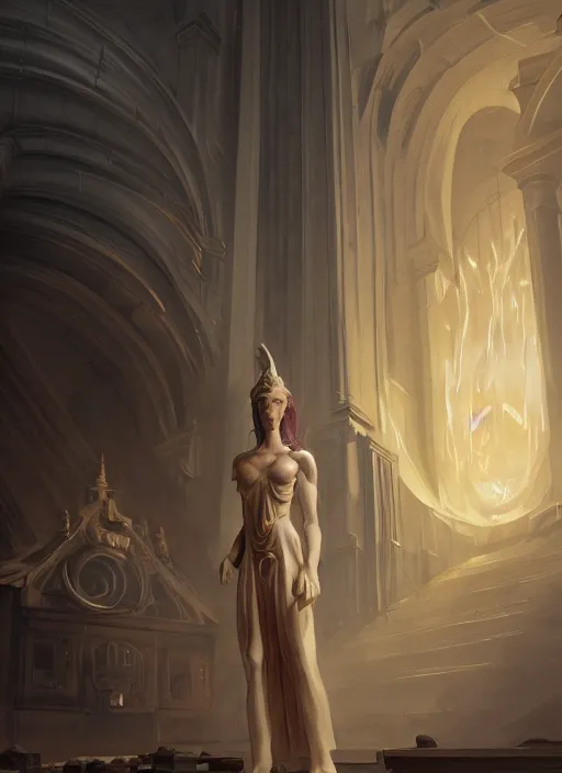 Prompt: the eldritch guardian of the library in a heavenly library by massimiliano bianchini and ralph mcquarrie and peter mohrbacher, 3 d rendered, greek goddess, realistic face proportions, unreal engine, trending on artstation