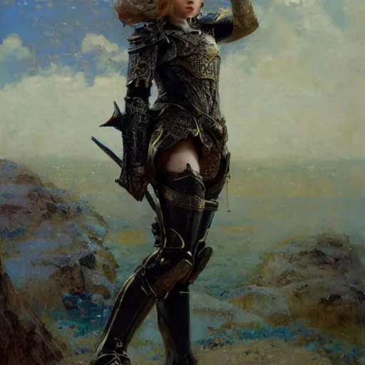 Prompt: young short redhead woman wearing black ornamented medieval armour, bare leg, detailed, by gaston bussiere, bayard wu, greg rutkowski, giger, maxim verehin, greg rutkowski, masterpiece, sharp focus, cinematic lightning