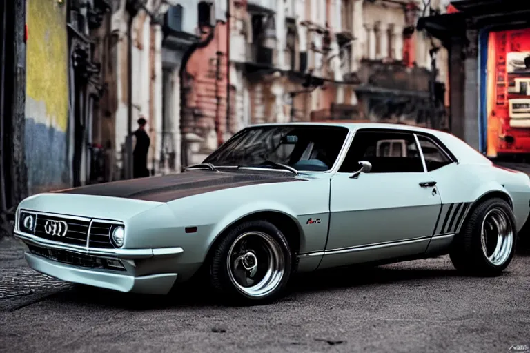 Image similar to widebody audi camaro b 1 ( 1 9 6 9 ), need for speed : carbon, at night, mild sci - fi, neon lines, lviv historic centre, phonk music background, smoke behind wheels, noise, dark, establishing shot, by simon stalenhag