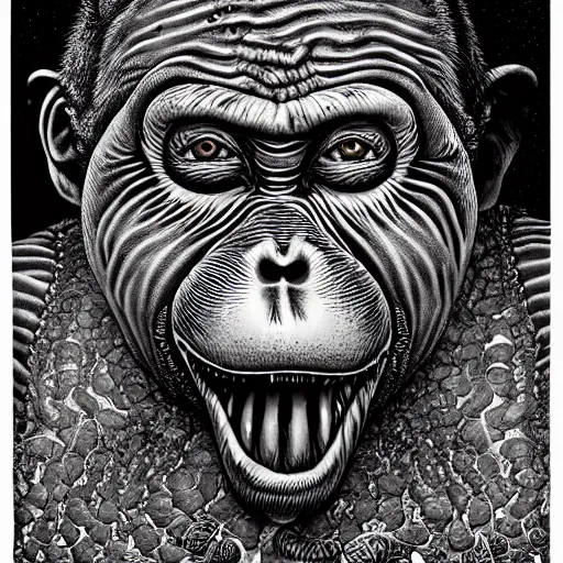 Prompt: deformed hideous pustule covered monkey, sores, bumps, skin wounds, surface hives, growths, horror, fantasy, highly detailed, by Dan Hillier