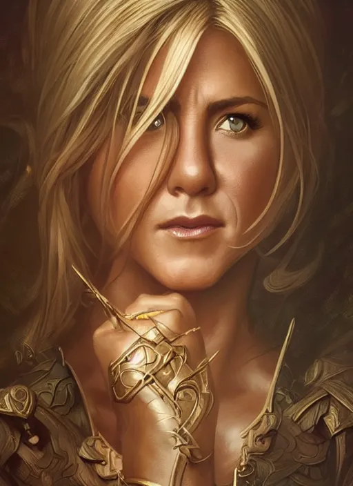 Prompt: jennifer aniston, d & d, fantasy, intricate, elegant, highly detailed, digital painting, artstation, concept art, matte, sharp focus, illustration, hearthstone, art by artgerm and greg rutkowski and alphonse mucha