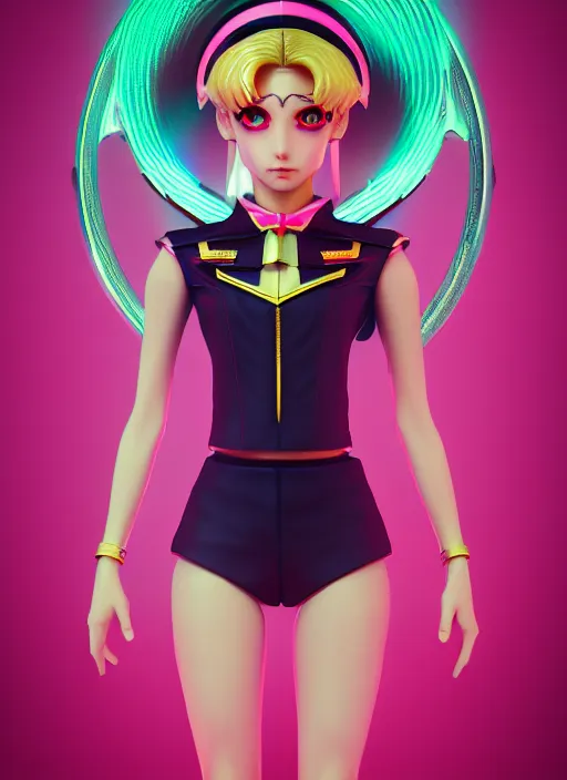 Image similar to symmetry!! portrait of a sailor moon, futuristic, dark, highly detailed, 8 0 - s style colors, sharp focus, octane render, vinyl design toy, realistic photo, studio green light on pink background