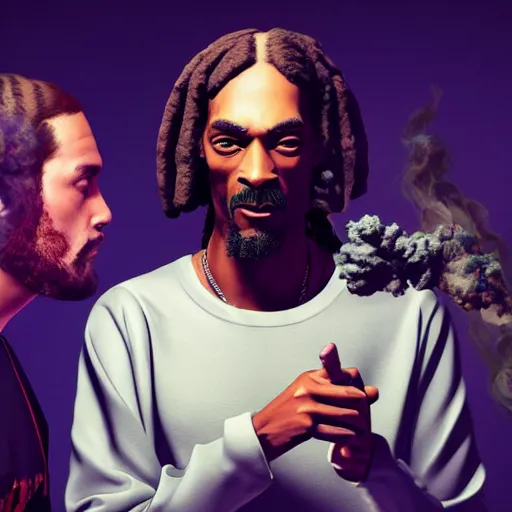 Image similar to ultra mega super hyper realistic Digital concept art of highly detailed cybertronic detailed face Jesus smoking weed with Snoop Dogg. Rendered in VRAY and DaVinci Resolve and MAXWELL and LUMION 3D, Volumetric natural light