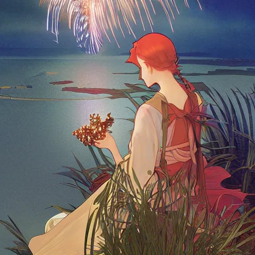 Image similar to girl watching watching fireworks on a hill, digital art, by range murata, akiyuki shinbou, alphonse mucha, highly detailed, realistic, cinematic